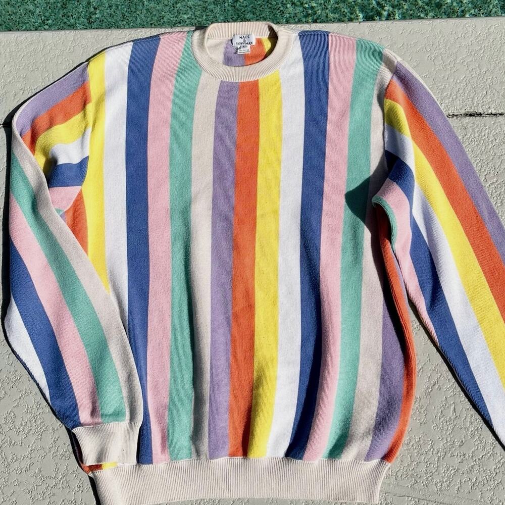 Vintage Maus & Hoffman Rare Pima Cotton Preppy Sweater Pastel Striped Sz L